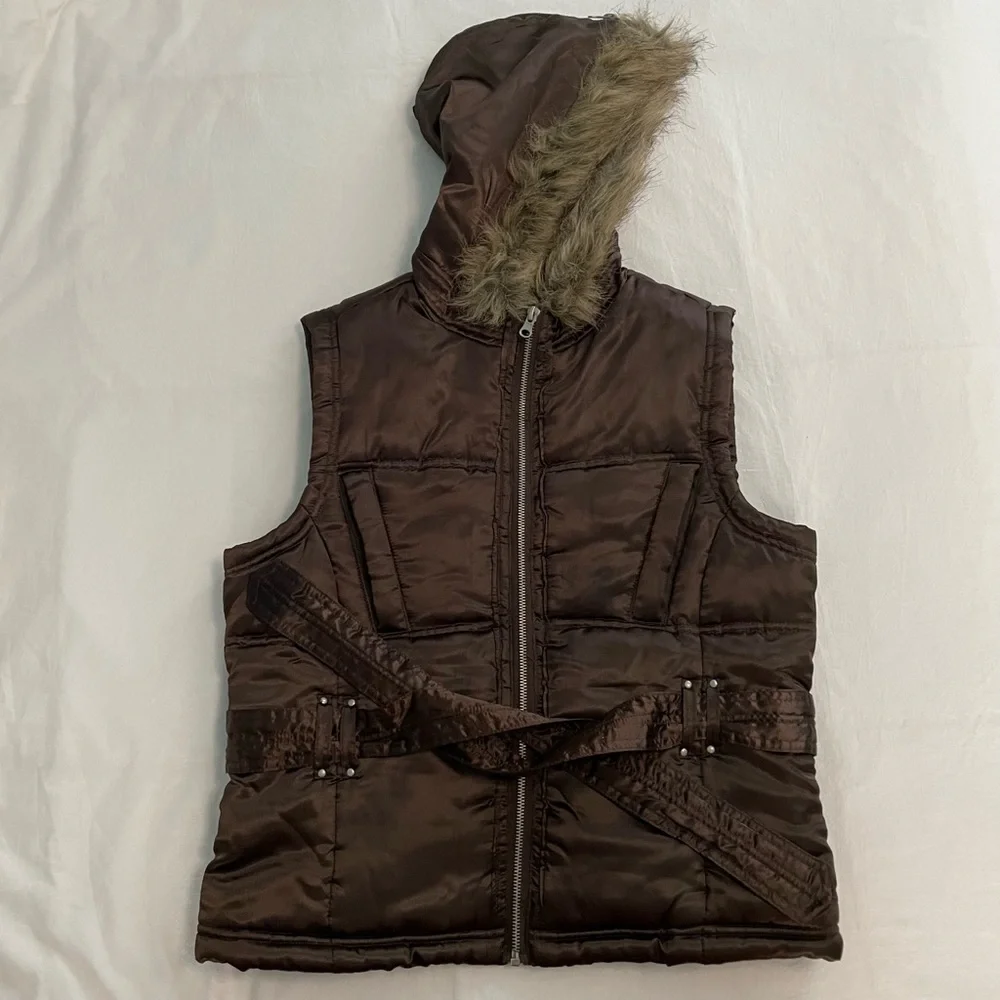 Christin Michaels Girls Vest with Faux Fur Zip Hood and Waist Belt (size: L)